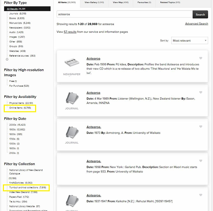Screenshot of filters on the National LIbrary website.