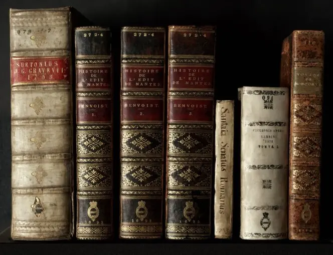 Spines of several books from the rare books collection.