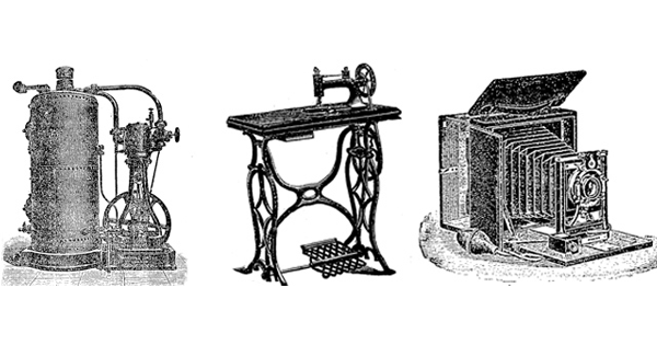 Ink drawings of a water pump, sewing machine table, accordion camera and surveying equipment. 
