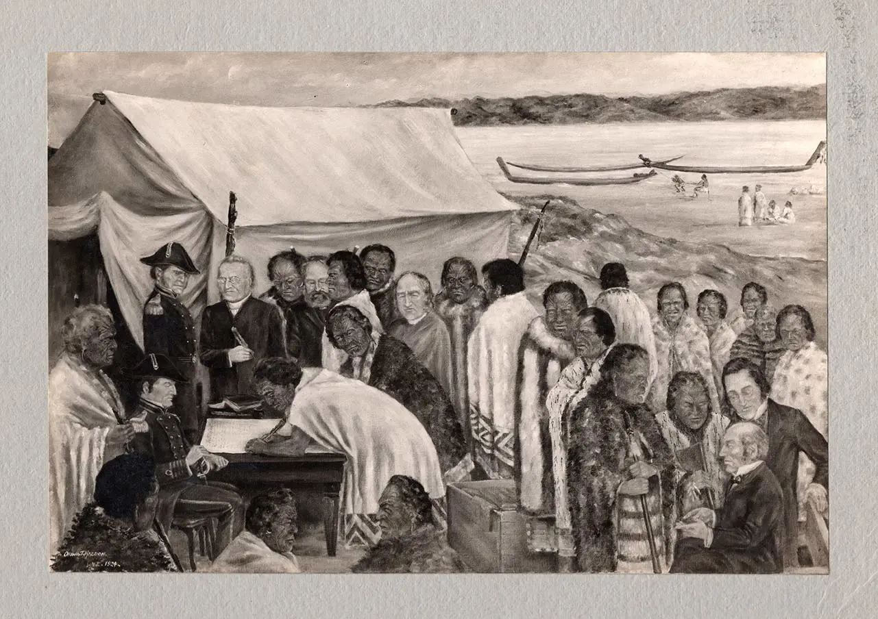 Black and white photo of a painting showing a group of Māori, most wearing cloaks, with a few European men gathered by a table. A Māori person is signing the Treaty of Waitangi on the table.