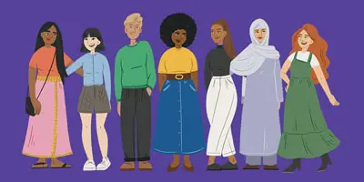 Illustration showing women from different cultural backgrounds. They are standing together and smiling.