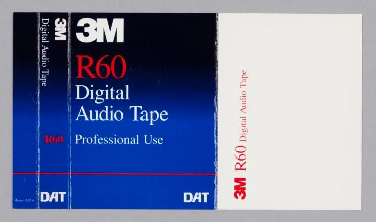 Reverse side of paper insert for a DAT showing branding and logos and the words: "3M, R60, Digital Audio Tape, Professional Use".