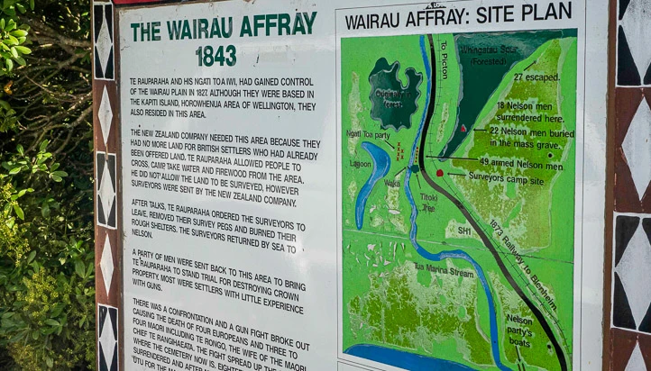 A photograph of the Wairau Affray information board, with text explaining what happened and a map