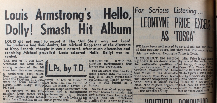 Album reviews for Louis Armstrong and Leontyne Price.
