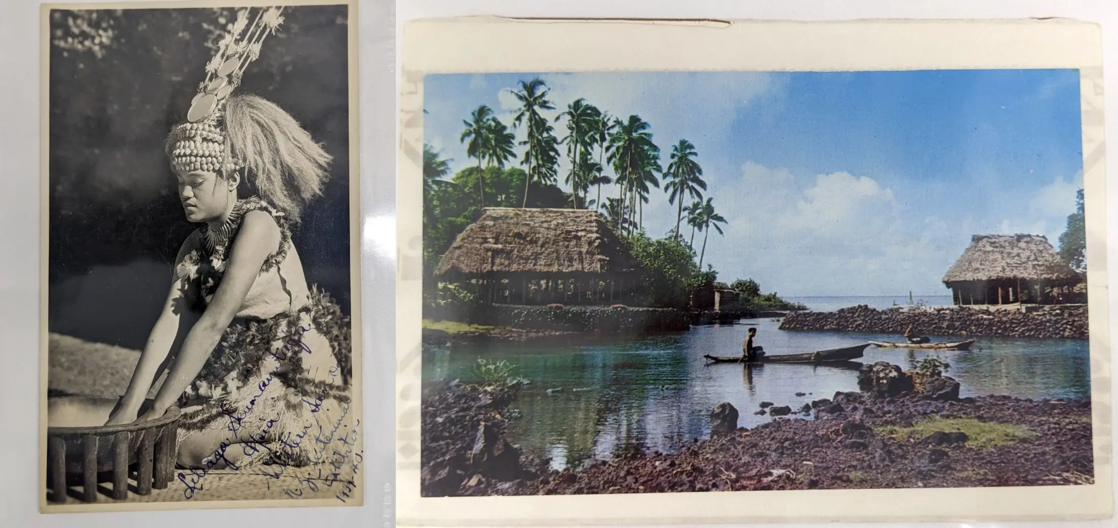 Two side by side images of postcards, one black and white showing a young woman in traditional dress with her hands inside a ceremonial bowl, and a colourful image of a seaside village with man in a boat and thatched huts with palm trees. 