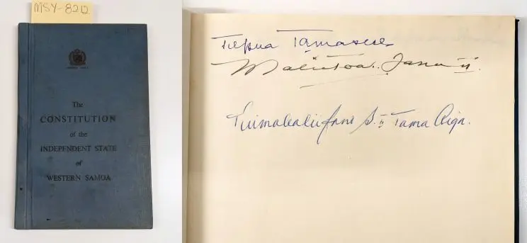 Two side by side images showing the blue, cloth cover of a bound copy of the consititution and a page from within showing three signatures. 