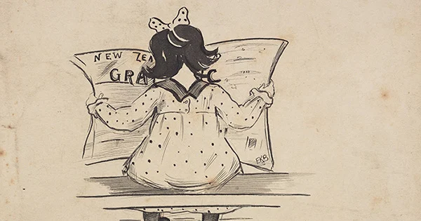 Sketch of the back view of a girl wearing a spotted dress and hair bow sitting on a bench reading a newspaper.
