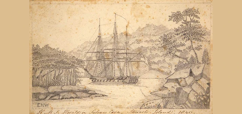 Drawing of 3-masted sailing ship in a cove with tree covered shoreline