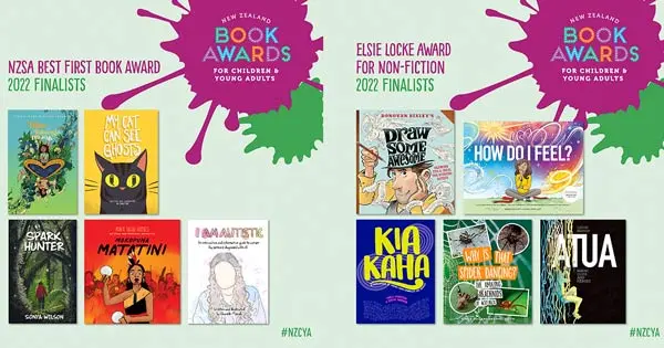 Posters showing NZCYA finalists for Best First Book and Elsie Locke Award For Non-fiction.
