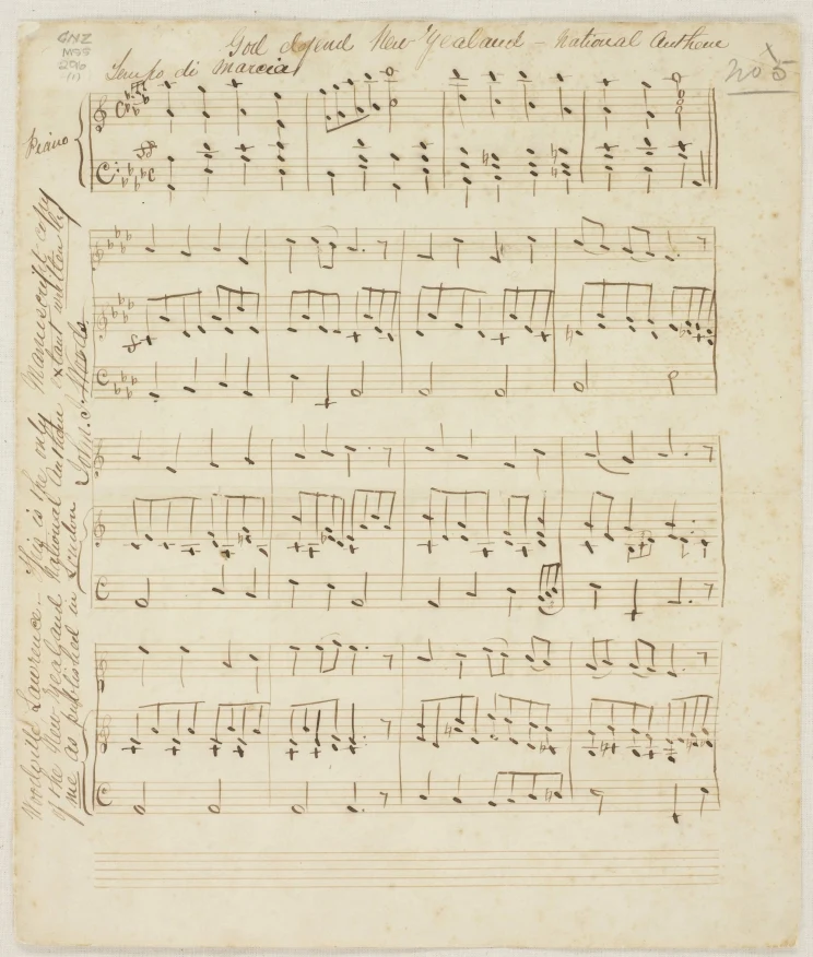 John Joseph Woods' handwritten score for the national anthem 'God Defend New Zealand'.