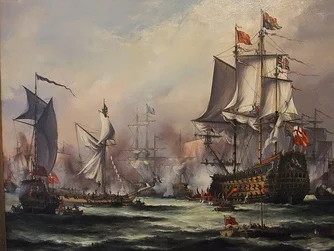 Painting of English King Charles II Receiving the Fleet After the Battle of Sole Bay 1672 by John Bentham-Dinsdale b 1927.