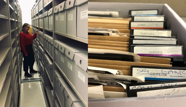 Two side by side images showing the author in the stacks with archival boxes on shelves and a close-up of the contents of a box with handwritten labels on dividers indicating which country the images relate to.