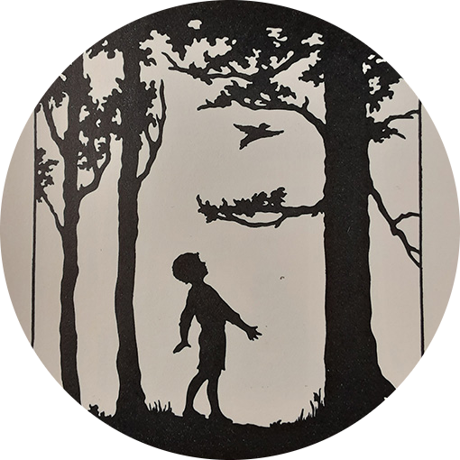 Silhouette image of trees and a child looking up at a bird.