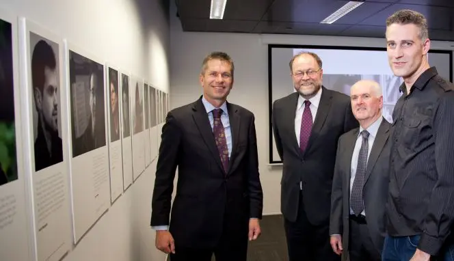 Hon Chris Tremain (former Minister, Internal Affairs and MP for Napier), Dr Philip Norman, Roger Flury, Gareth Watkins, standing in the Turnbull's Lilburn Room.