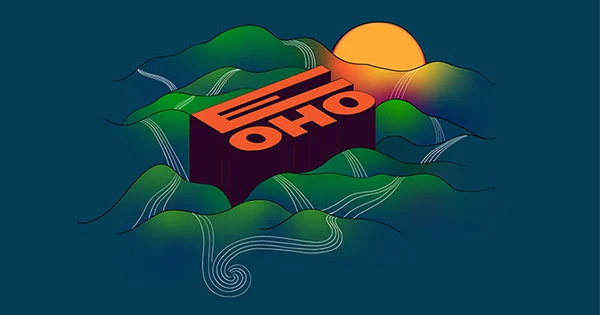 The words 'E OHO' in block text lying on a mountain range with the sun on the horizon.