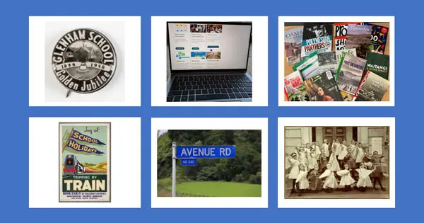 Collage of 6 objects in 2 rows: Top row left to right Glenham School golden jubilee badge, a laptop screen with digital resources displayed, a selection of New Zealand history books. Bottom row left to right an NZ Railways publicity poster, a street sign displaying Avenue Rd,  black and white concert photo showing children dressed as fairies on school steps.
