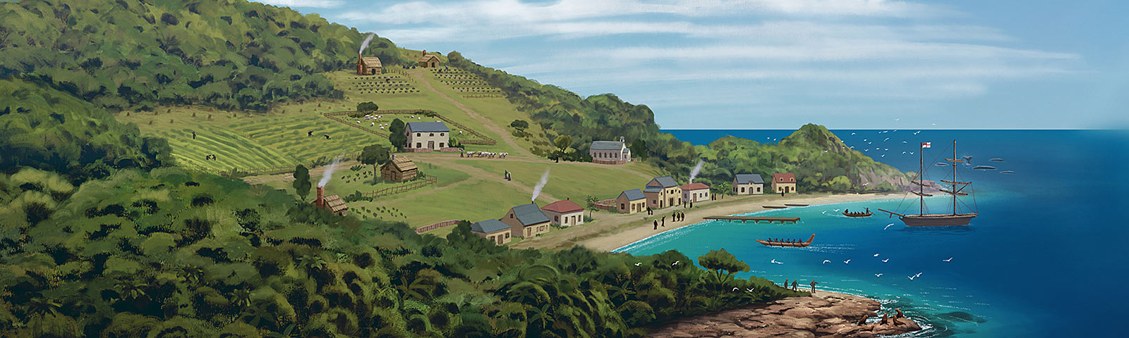 Colour artwork of a coastal European settlement by the coast, showing the houses and farms, and a sailing ship and waka in the bay.