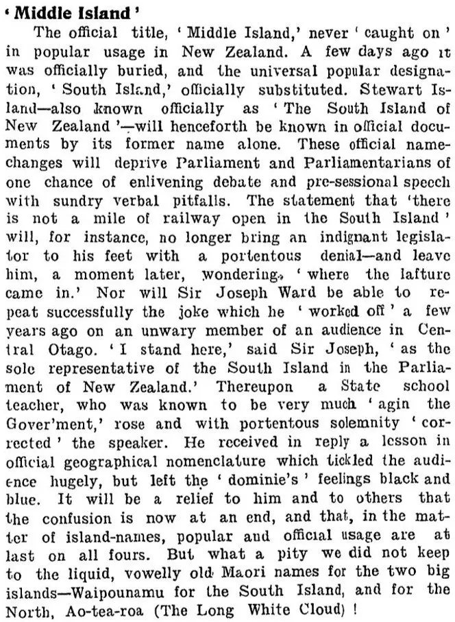 Newspaper article about the 'Middle Island'.