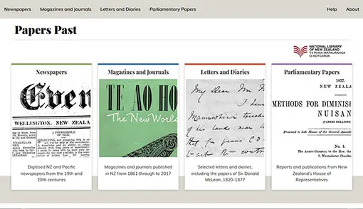 Papers Past homepage shows newspapers, magazines and journals, letters and diaries and Parliamentary papers. 