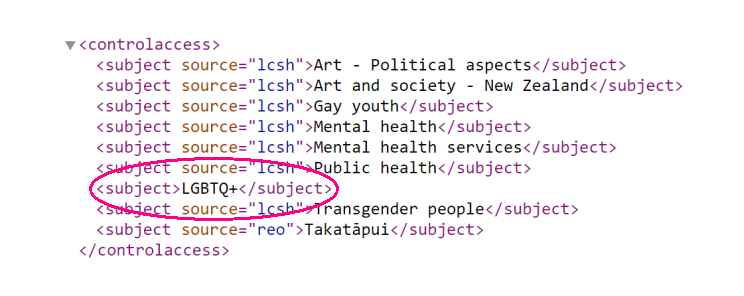 A screenshot showing a list of subject headings and their associated sources, such as 'LCSH' and 'reo', but there is no associated source for the subject LGBTQ+. 