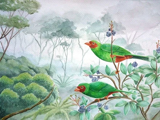 Green and red birds in foreground and trees in the background.