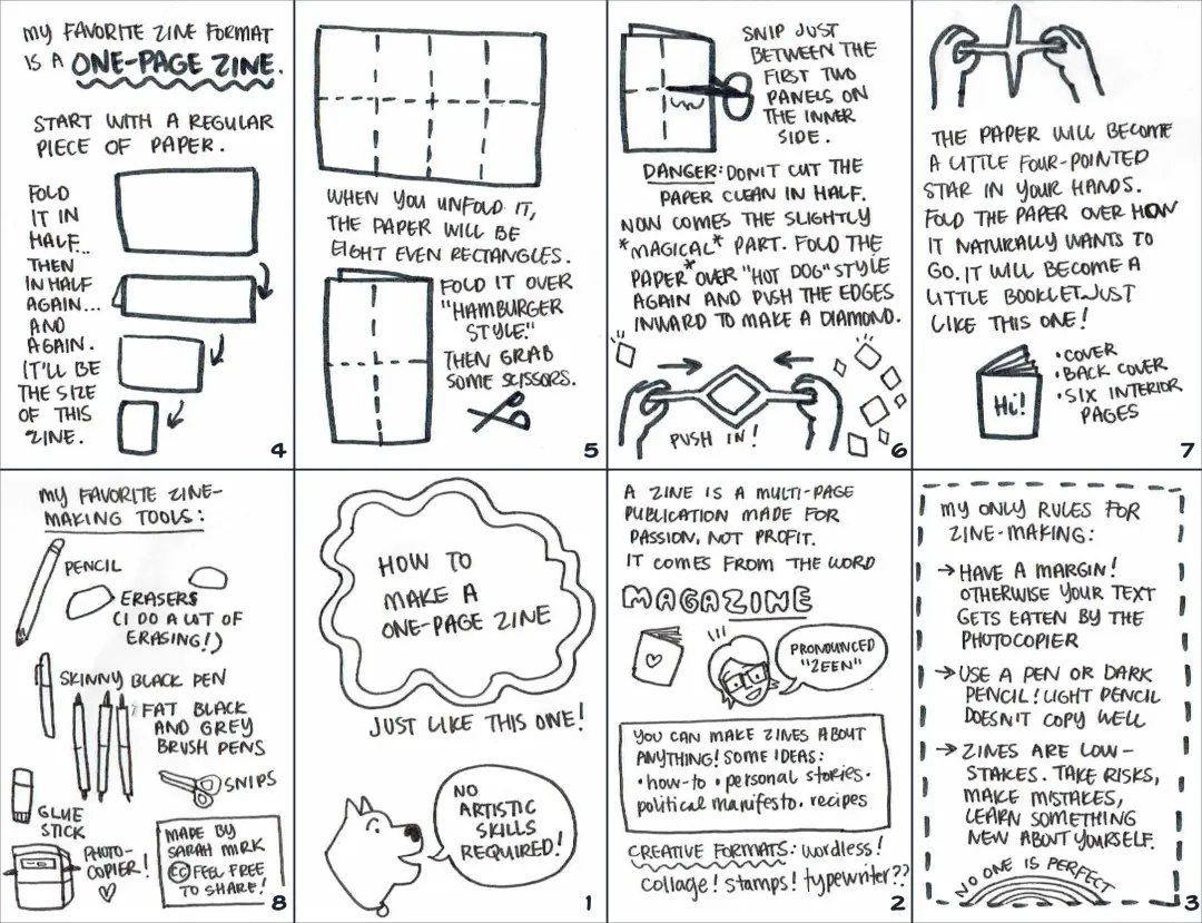 Instructions for making a zine, presented in the form of a zine. Long description below.
