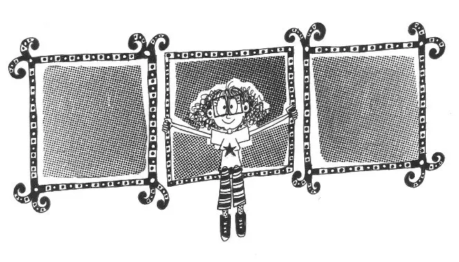 Comic illustration of woman with glasses holding up comic panels.
