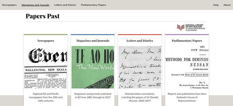 Screenshot Papers Past homepage.