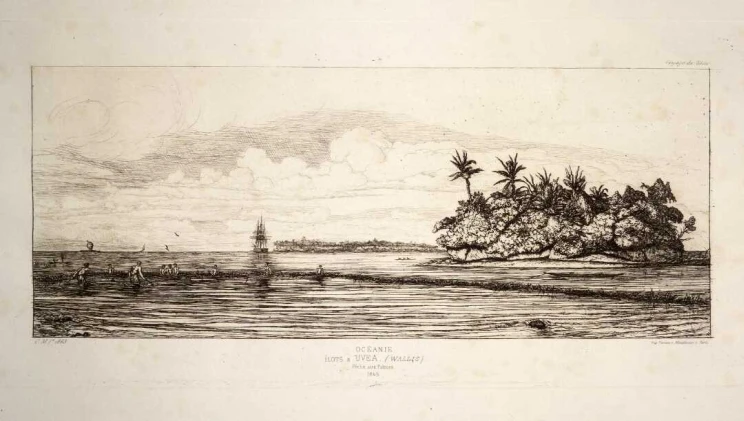 A print in black ink depicting a scene with a rocky island and a long canoe with 5-6 men walking beside the canoe in waist-deep water.