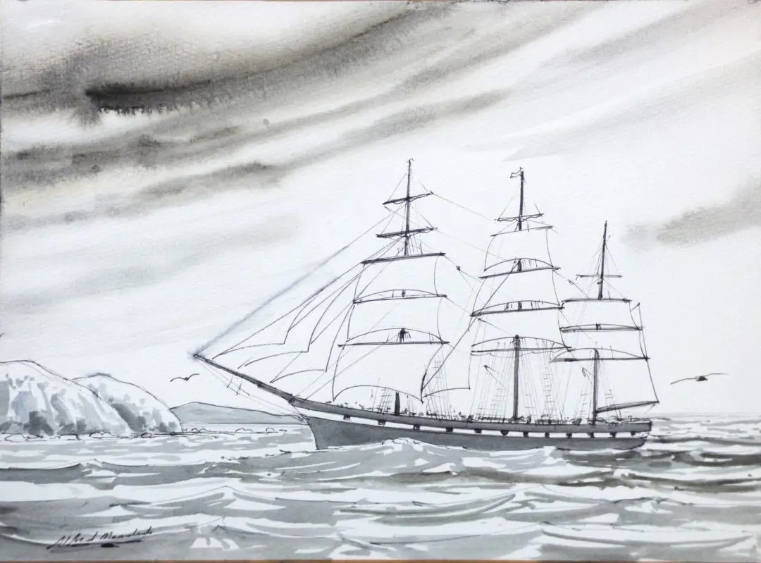 A watercolour of a three-masted ship at sea with rugged land in the distance and seabirds circling overhead. 