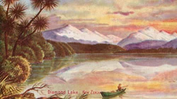 Landscape painting of Diamond Lake. A person in a boat and mountains in the background.