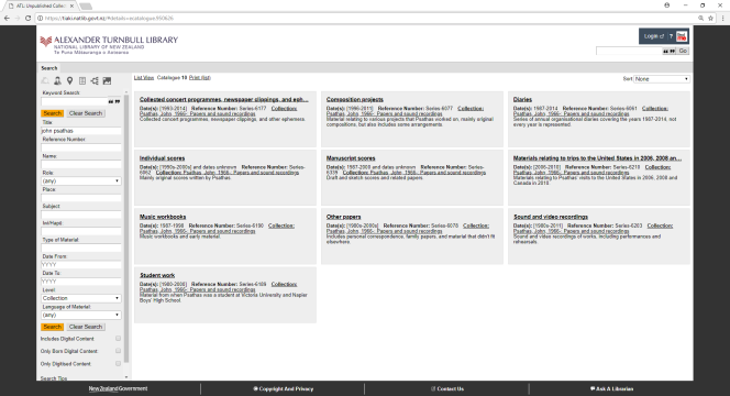 The ten series in the John Psathas Collection, as displayed on our Tiaki database.