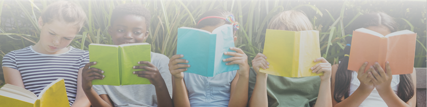 Children sitting in a row reading colourful books. 