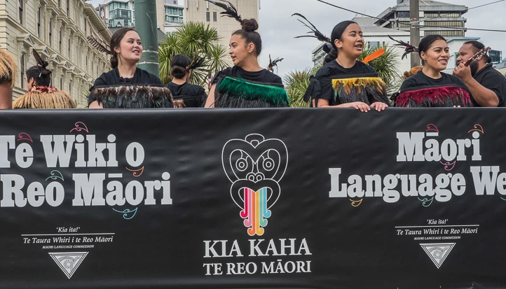 People marching with banner in Te Wiki o te Reo Maori parade in Wellington
