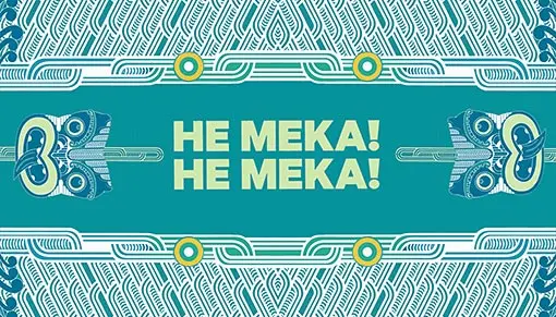 He Meka logo and two tikis against the He Meka waka huia background.