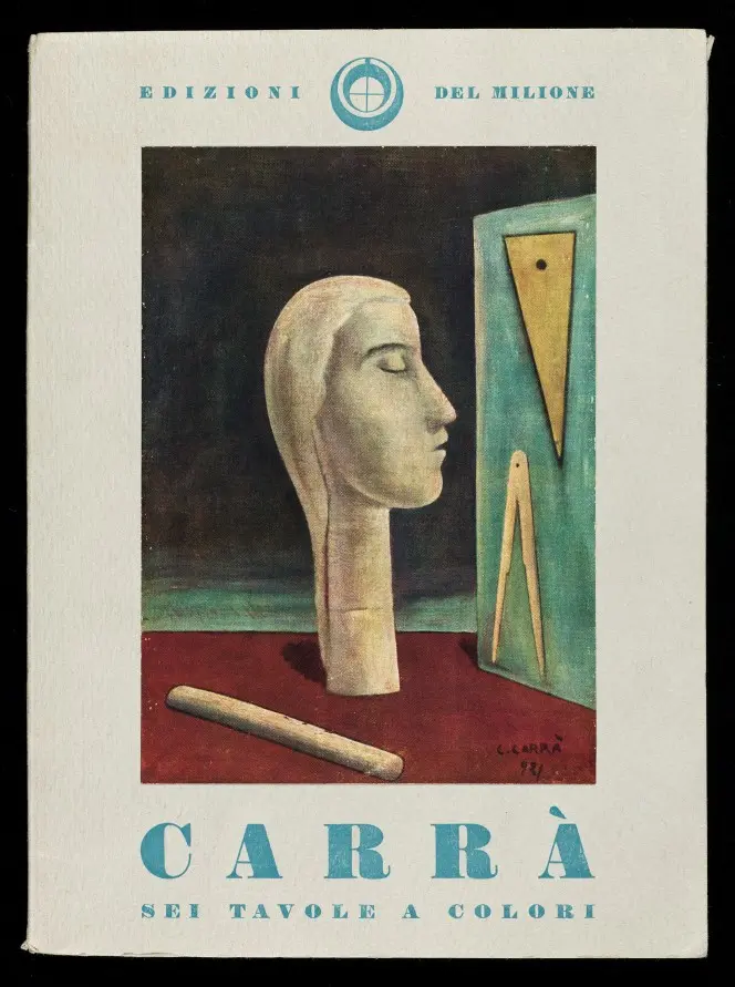 Cover of Carrà, sei tavole a colori, showing a painting with a statue head.