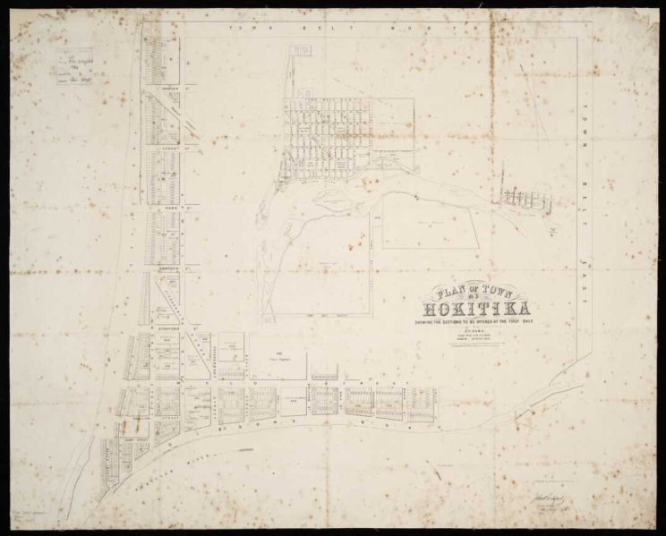 A faded map of the town showing lots available to purchase.