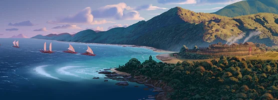 Colour artwork showing waka sailing towards the coastline. A pā overlooks the coast, surrounded by mountains and forest.