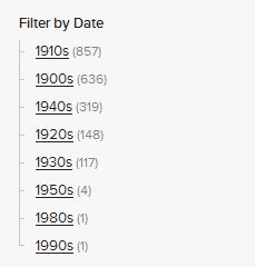 Screenshot of the results date filter, showing how you can filter by decade.