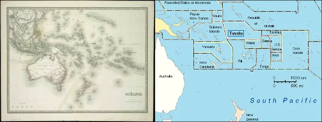 Historic map of the Pacific created by Europeans; modern map highlighting Tuvalu in the Pacific.