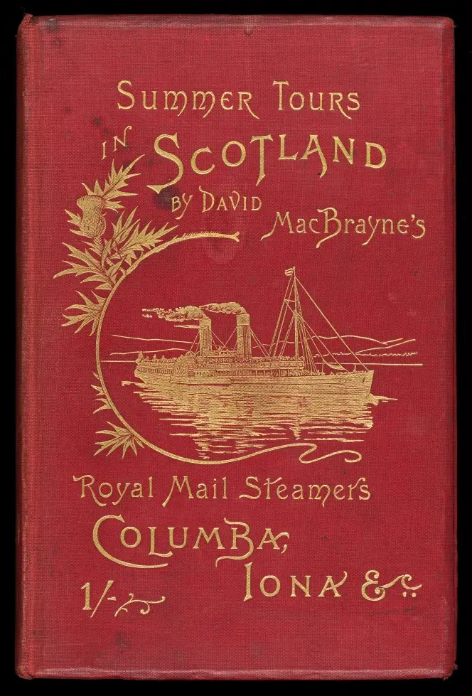 Cover of Summer Tours in Scotland by David MacBrayne, illustrated with a ship in gilded inlay.