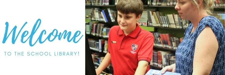 Student and school librarian issuing a book, next to the words 'Welcome to the school library!'.