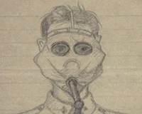Shows the artist in uniform (head and shoulders) wearing his gas mask
