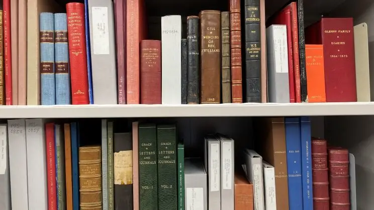 A close-up showing two rows of bound books on a bookshelf with colourful spines facing out. 