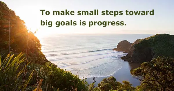 Looking down on a beach surrounded by trees, bushes and mountains warmly lit by the sun. At the top are the words overlaid, ‘To make small steps toward big goals is progress’.