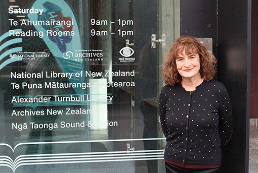 Kate outside the main door to the National Library in Wellington.
