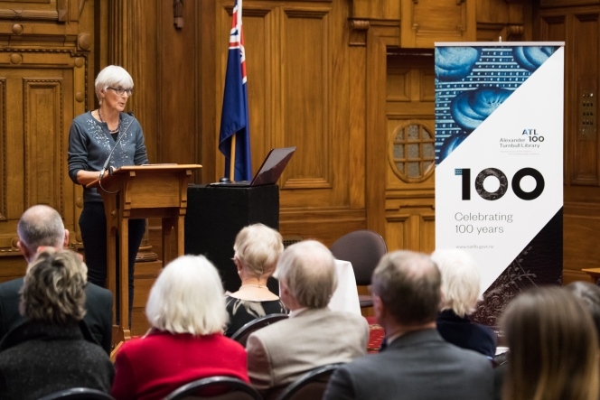 Dr Lydia Wevers delivering the Friends of the Turnbull Library Founders Lecture in the Grand Hall.
