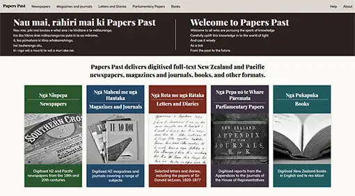 Papers Past homepage including the newly developed books section. 