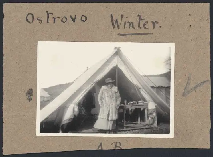 Agnes Bennett at the main hospital camp of the 7th Medical Unit of the Scottish Women's Hospitals for Foreign Service, at Ostrovo, Macedonia, Serbia, during World War I. Bennett, Agnes Elizabeth Lloyd, 1872-1960: Photographs.