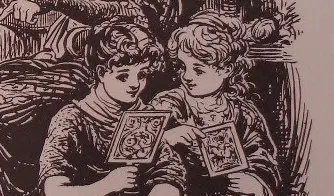 Two children reading from hornbooks.